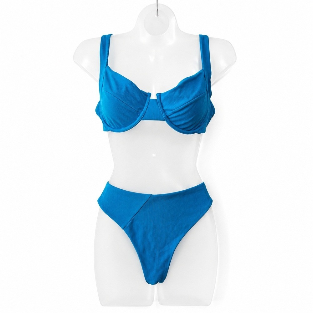 Vetchy Laguna Bikini Blue Ribbed Set XL Underwire Bra High Waist Beachy Coastal